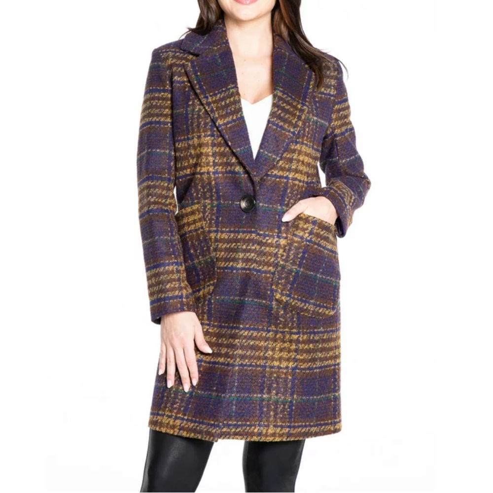 Women's Kensie Single Breasted Plaid Coat.‎ Purple/Gold/Multi. Size Medium. NWT.